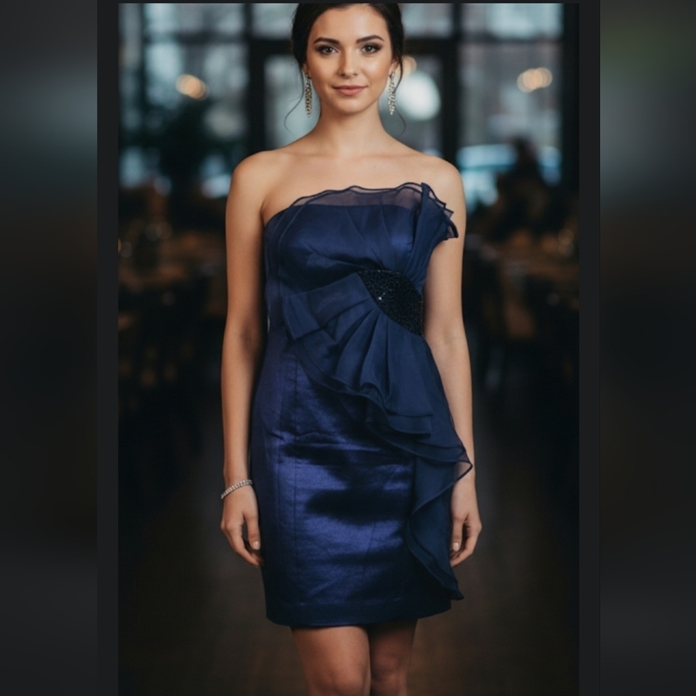 Vintage 90's Betsy & Adam Strapless Blue Mini Dress Prom Dress Sweethearth Sz 6